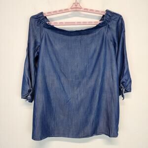 Kaari Blue Chambray Blouse Top Size L Wide Sleeve Boatneck Flowy Boho Coastal